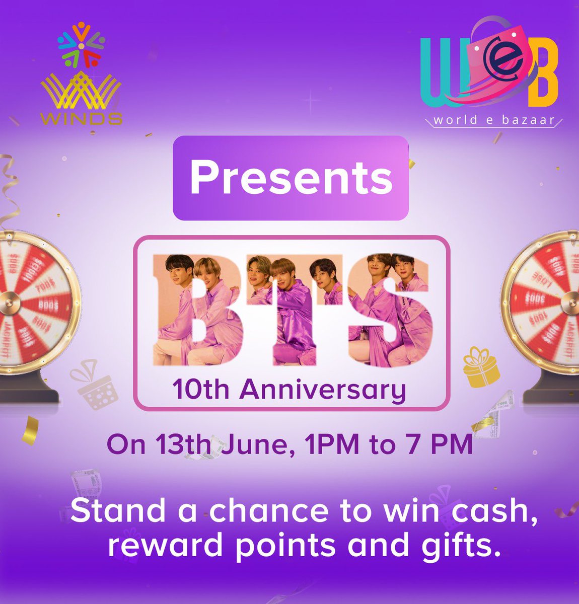 WorldeBazaar's tweet photo. Visit on 13th June, BTS's Anniversary and spin the wheel to win rewards and goodies!

Location: World E Bazaar, 10/A, 27th Cross, 2nd Main Road, Jayanagar, Opp. Bajaj Showroom, Bengaluru - 560070 

#worldebazaar #worldebazaarstore #worldebazaaroffer #worldebazaarevent https://t.co/vWzZXl5Zys