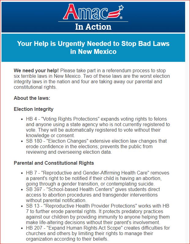 NM gets national attention while NMSOS unsuccessfully says 'Move along-nothing to see here folks!'

A traditional American values company (@AMACforAmerica) that supports parental rights & election integrity has @AMACAction encouraging support for BTNM grassroots advocacy. #nmpol