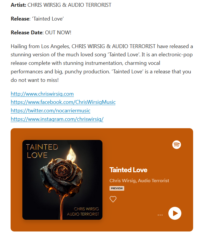 Thanks @FVMusicBlog for the nice shoutout!😀🙏
Listen to TAINTED LOVE: ffm.to/taintedlove

'electronic-pop release with stunning instrumentation, charming vocals & big, punchy production...a release you do not want to miss!'

@Audioterrorist
#taintedlove #alternativepop