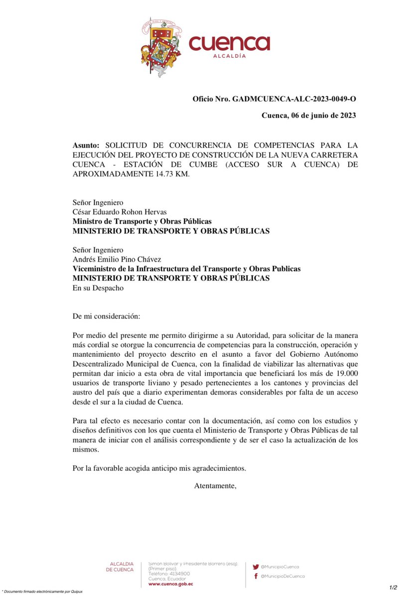 #AccesoSur

Solicité al sr Presidente <a href="/LassoGuillermo/">Guillermo Lasso</a> y ministro <a href="/CesarRohon/">César Rohon Hervas</a> la concurrencia de competencia para el ACCESO SUR a Cuenca

No podemos perder más tiempo con una obra aplazada por años que planeamos manejarlas desde la localidad 

Le consultaré al ministro en su