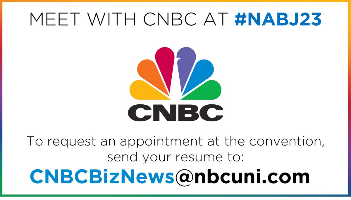 Sharing a message from our friends at <a href="/CNBC/">CNBC</a>:

Are you registered for #NABJ23 and eager to learn how to take your story from byline to broadcast (and beyond)? Send your resume to cnbcbiznews@nbcuni.com to request an invitation to <a href="/CNBC/">CNBC</a>’s Media Lab at #NABJ23 today!
