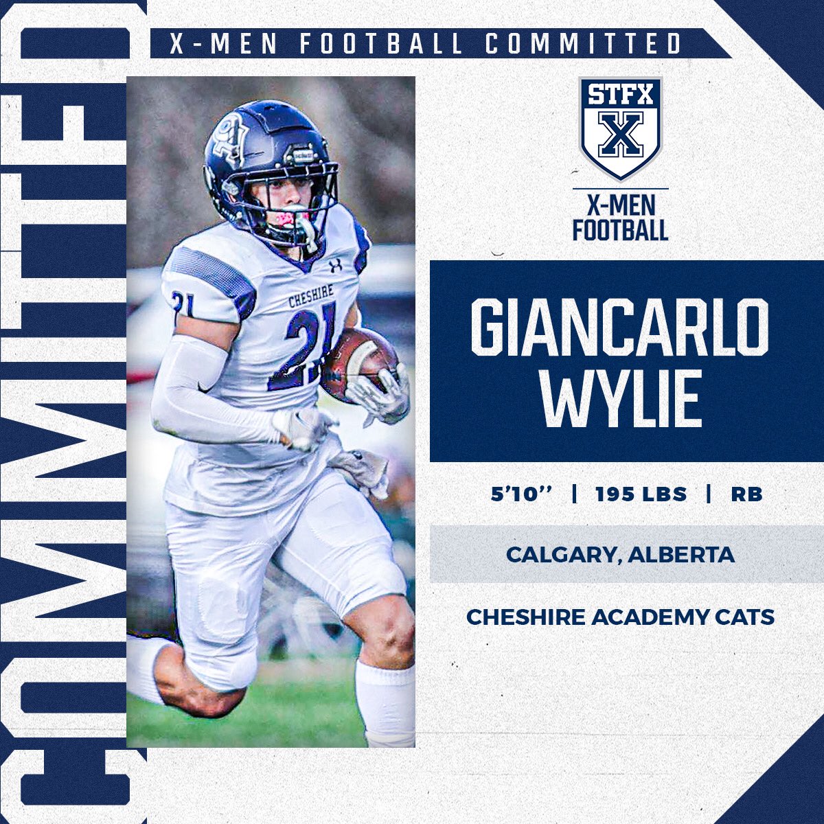 X-Nation. Please join us in welcoming our newest 2023 football commit,  5’10” 195lbs Running Back, Giancarlo Wylie. Welcome to the STFX family Giancarlo! #hailandhealth <a href="/Wylie_GC/">GC Wylie</a> <a href="/StFXAthletics/">StFX Athletics</a>