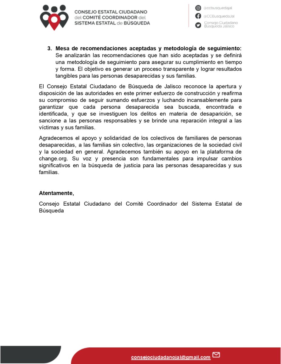 Por parte del @CCBusquedaJal compartimos la actualización sobre los avances y compromisos en respuesta a la Recomendación 01/2023, en aras de ofrecer la transparencia y rendir cuentas sobre el proceso

Consulta nuestro informe de avances: acortar.link/4uvbM5

🧵Abrimos hilo👇