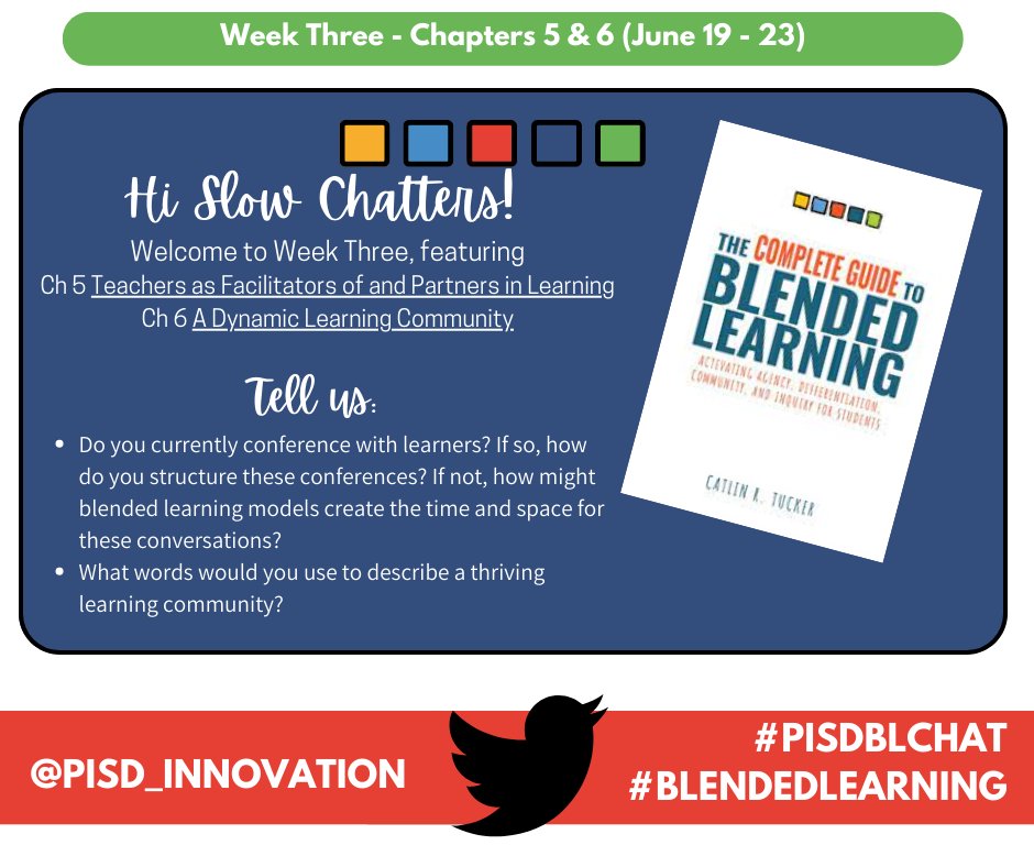 PISD_Innovation's tweet photo. Happy Monday #BlendedLearning Slow Chatters! โ๏ธ Here are the reflection questions for Week 3 - Chapters 5 & 6. This week we will chat about student conferences & learning communities. As always, post your thoughts and response to other participants using #PISDBLCHAT. https://t.co/9C6VXR6Bc1