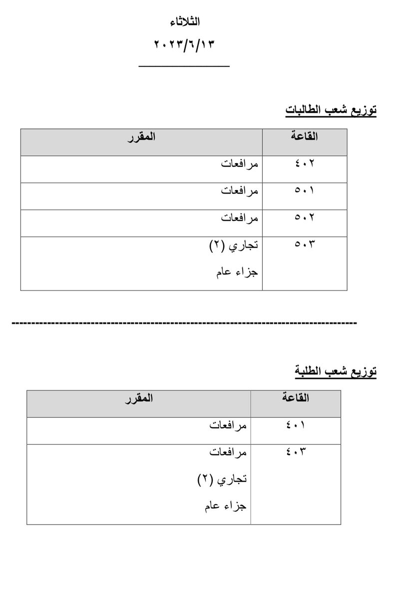 توزيع قاعات اختبار يوم الثلاثاء