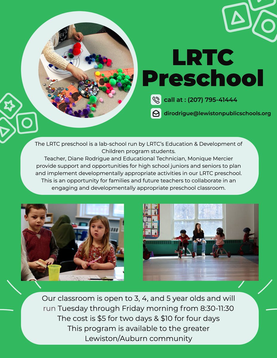 LRTC (@lrtc4me) on Twitter photo 🖍 We are accepting applications for our LRTC Preschool for the 2023-2024 school year! 🖍
Send Instructor, Diane Rodrigue, an email to learn more, ask questions or sign your little up!
✉️ dirodrigue@lewistonpublicschools.org ✉️ 🖍 We are accepting applications for our LRTC Preschool for the 2023-2024 school year! 🖍
Send Instructor, Diane Rodrigue, an email to learn more, ask questions or sign your little up!
✉️ dirodrigue@lewistonpublicschools.org ✉️