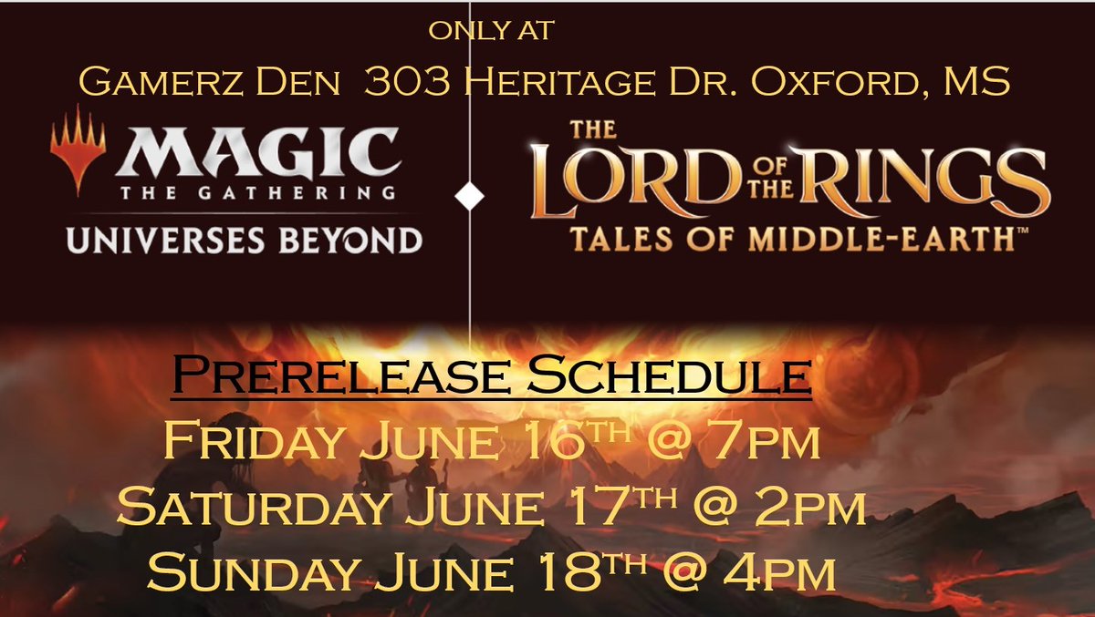 This weekend!! Come out for our Lord of the Rings Prerelease events! Product will be available for purchase as well!
#gamerzdenoxford #JoinTheDen #GetYourGameOn #lordoftherings #magicthegathering #Prerelease #shoplocal #WPN #wizardsofthecoast #olemiss #oxfordms #LafayetteCounty