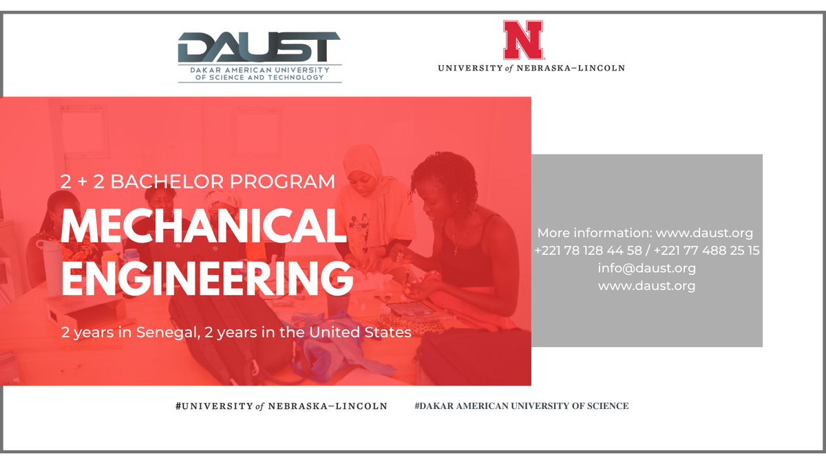 daustofficial's tweet photo. [ARTICLE] 📄 2+2 : Programme de co-diplôme entre l'University of Nebraska-Lincoln et la Dakar American University of Science and Technology (DAUST)

https://t.co/fZN9MLvkuS

#daut #nebraska #bachelor #program #mechanicalengineering https://t.co/nP48yLdIum