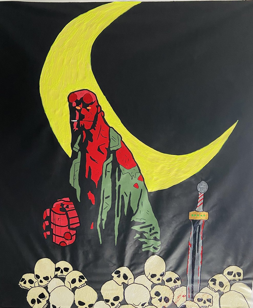 javondiangelo's tweet photo. “Hella Hell Bent”
•5 FT x 4.5 FT (NON STRETCHED)
•Glows in the dark
•Acrylic paint
#Javondiangelo #abstractgrunge #redwxlfgallery #hellboy #hellboycomics #hellboygoldenage #californiaartist #desingerart #studio #artstudio #newera #artgallery #canvas #glowinthedark https://t.co/OKexrAgo4p