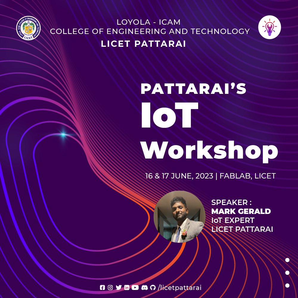 We are here, to you with our very own IoT workshop exclusively for the first years of LICET. The workshop is on 16th and 17th June, 2023 at LICET Fablab . The workshop will be led by Mr. Mark Gerald, IoT Expert, LICET Pattarai.

Registration link :
forms.gle/zrLnUkDii2FRxQ…