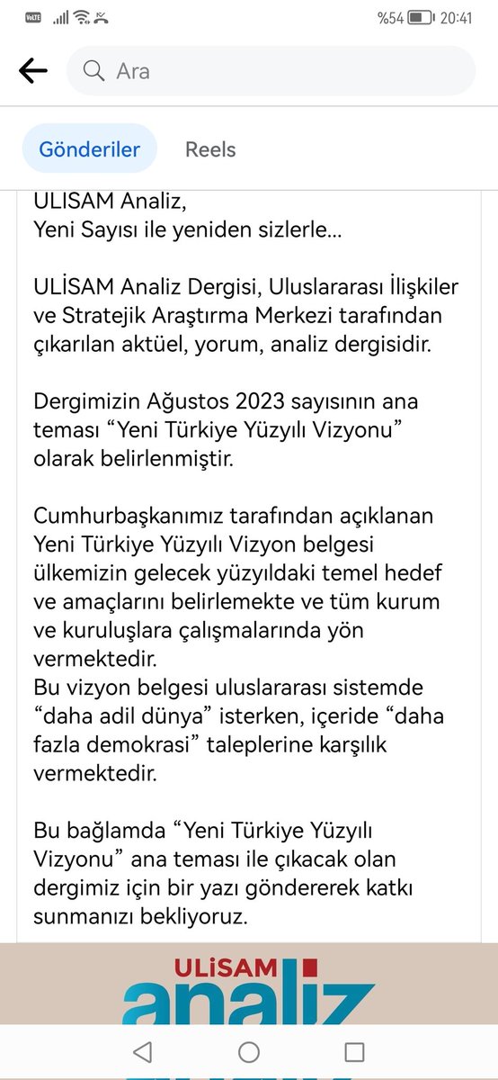 UlisamOfficial's tweet photo. ULİSAM Analiz, 
Yeni Sayısı ile yeniden sizlerle.

Ağustos 2023 sayısının ana teması “Yeni Türkiye Yüzyılı Vizyonu” olarak belirlenmiştir.
Bu bağlamda “Yeni Türkiye Yüzyılı Vizyonu” ana teması ile ç��kacak olan dergimiz için bir yazı göndererek katkı sunmanızı bekliyoruz. https://t.co/ogZEza4aWZ