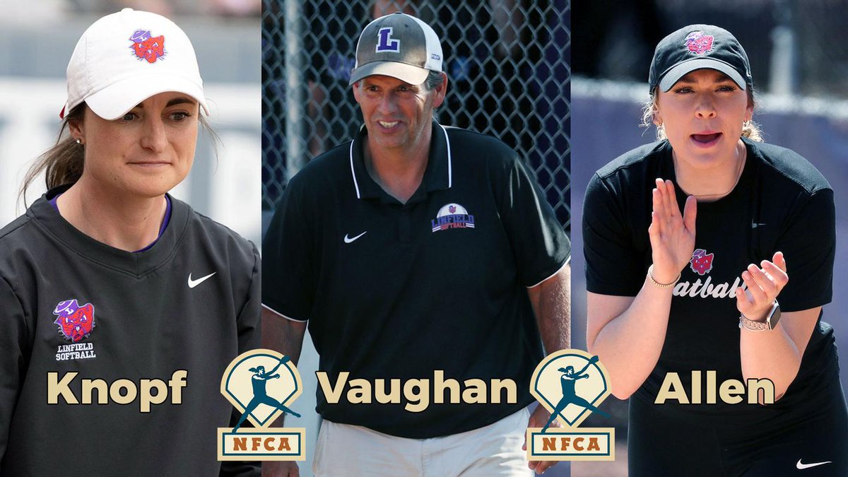 LinfieldUniv's tweet photo. Congrats @LinfieldCatball coaching staff! Head coach Jackson Vaughan, assistant coach Emily Allen and pitching coach Amanda Knopf were chosen as the ATEC/NFCA Region X Coaching Staff of the Year. #ReadAllAboutIt: https://t.co/YoOtolm2kb https://t.co/fmImpn0N2b
