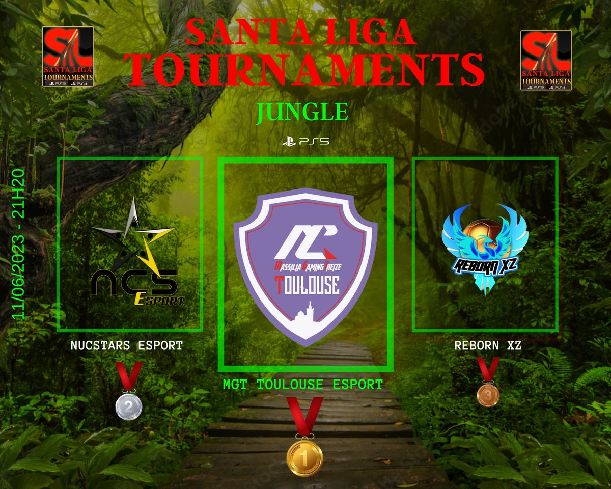 𝑺𝑨𝑵𝑻𝑨 𝑻𝑶𝑼𝑹𝑵𝑨𝑴𝑬𝑵𝑻 (@santatournament) on Twitter photo 🏆🥈🥉PODIUM PS5
Notre soirée du Dimanche :
JUNGLE - Season One
🗓️ DIMANCHE 11 JUIN 2023
Merci à toutes nos sublimes mercenaire de cette soirée dans l'enfer vert !
🏆 MGT TOULOUSE ESPORT
👔 @MGT13_TOULOUSE
🥈NUCSTARS ESPORT
👔 <a href="/Ney_X10/">V-Ney-X10X</a>
🥉 REBORN XZ
👔#rebornxz 🏆🥈🥉PODIUM PS5
Notre soirée du Dimanche :
JUNGLE - Season One
🗓️ DIMANCHE 11 JUIN 2023
Merci à toutes nos sublimes mercenaire de cette soirée dans l'enfer vert !
🏆 MGT TOULOUSE ESPORT
👔 @MGT13_TOULOUSE
🥈NUCSTARS ESPORT
👔 <a href="/Ney_X10/">V-Ney-X10X</a>
🥉 REBORN XZ
👔#rebornxz