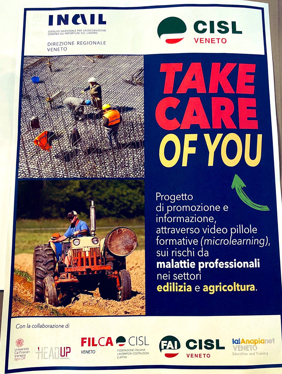 fai_cisl's tweet photo. #takecareofyou ⛑️ Prosegue il progetto promosso da #Cisl e #Inail #Veneto per informare #lavoratori e studenti sui rischi da infortuni e malattie in edilizia e #agricoltura con #FaiCisl e #FilcaCisl regionali. Verona la provincia più colpita in regione per infortuni mortali: 26. https://t.co/fSXM6J4Lok