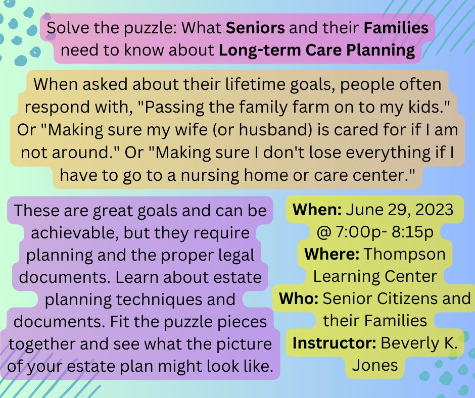 TarkioTech's tweet image. Come see Bev Jones @ Tarkio Tech in the Thompson Learning Center on June 29th for a FREE Long-term Care Planning class! Anyone can attend, but please register with us before the evening of the class!
