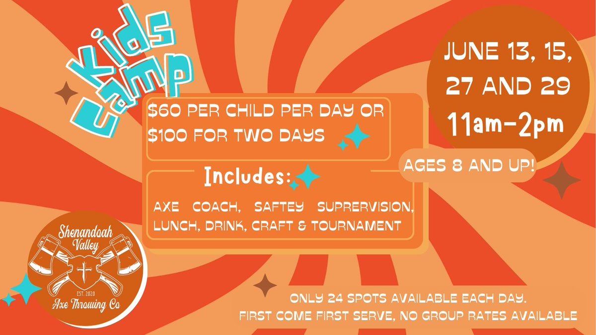 Kids Camp tomorrow! Ages 8 and up. Still time to sign up for this great chance to drop kids off to have a fun and fully supervised afternoon honing their skills throwing axes!

#axethrowing #shenandoahaxethrowingco #SVAXECO #familyfun #kidscamp #kidssummeractivities