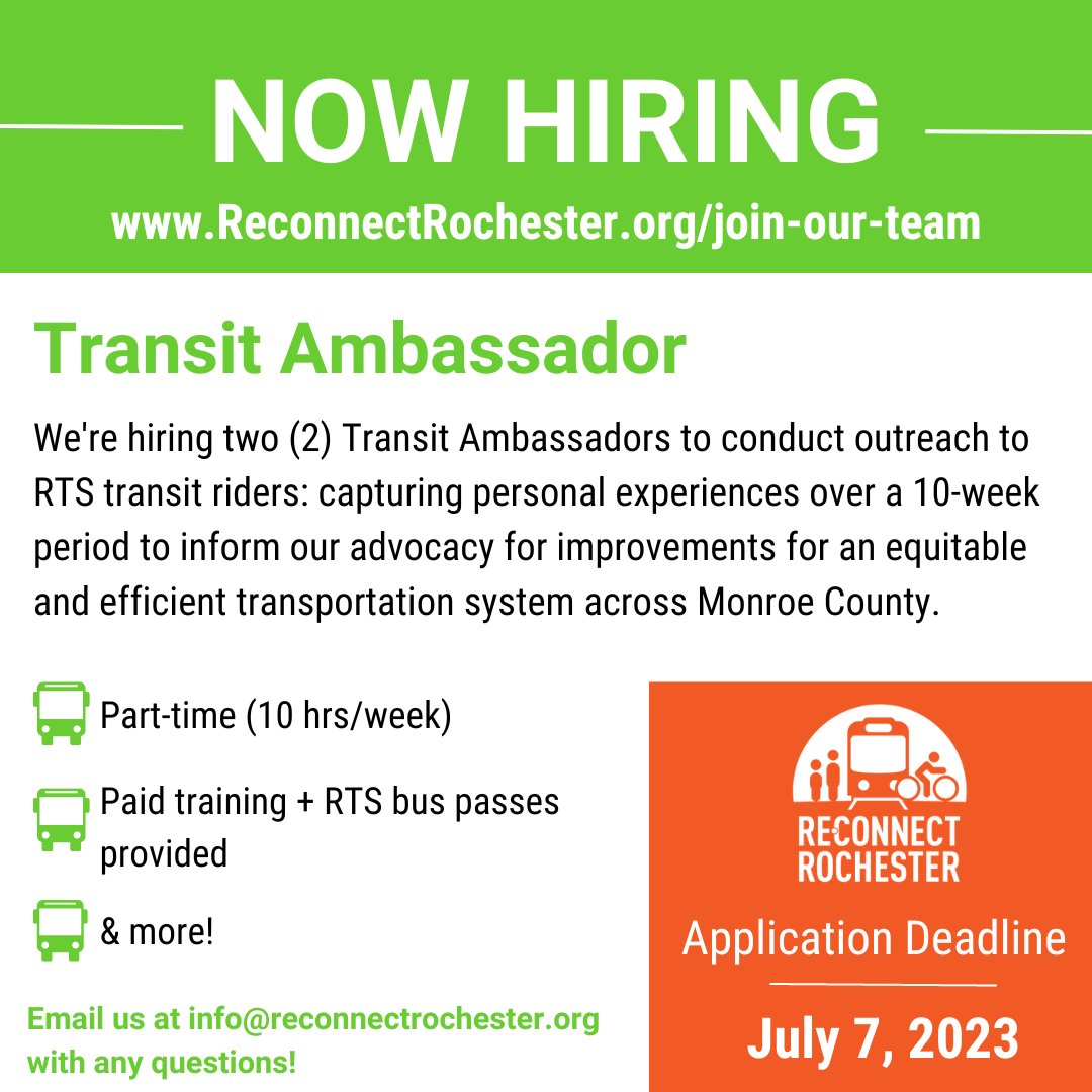 reconnectROC's tweet photo. We're accepting applications for Transit Ambassadors (TA) to conduct outreach to RTS Transit Riders from July - September. Interested?
Head to https://t.co/sp0PjMHmcV to learn more & apply!
.
.
.
#rochesterjobs #hiring #transitambassador https://t.co/NhyleOcniq