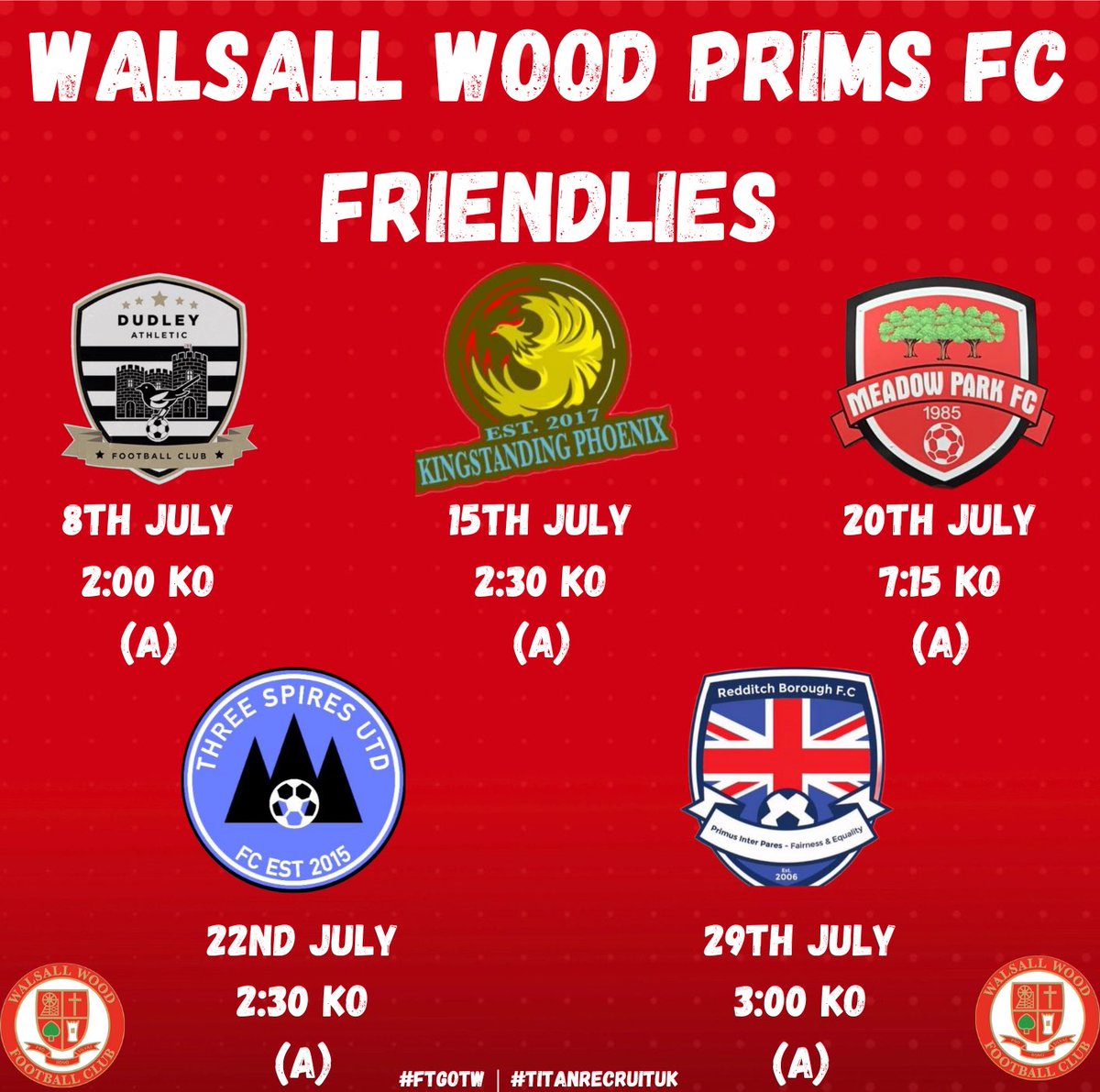 🔴⚪️ PRE-SEASON SCHEDULE.. 🔴⚪️

We can now re-confirm our pre-season fixtures after a slight change. 

We come up against some top sides as we continue preparation in a very big season for the club. 

#FTGOTW | #TitanRecruitUK