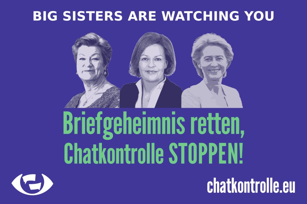 @Digitalcourage@digitalcourage.social (@digitalcourage) on Twitter photo Wir protestieren am Mittwoch Mittag mit <a href="/chatgeheimnis/">Chatgeheimnis</a> in Berlin gegen die #Chatkontrolle da sich die zuständige EU-Kommissarin Ylva Johansson dort mit den deutschen Innenministerinnen trifft. Kommt dazu!
#ChatkontrolleSTOPPEN!
digitalcourage.de/blog/2023/chat… Wir protestieren am Mittwoch Mittag mit <a href="/chatgeheimnis/">Chatgeheimnis</a> in Berlin gegen die #Chatkontrolle da sich die zuständige EU-Kommissarin Ylva Johansson dort mit den deutschen Innenministerinnen trifft. Kommt dazu!
#ChatkontrolleSTOPPEN!
digitalcourage.de/blog/2023/chat…