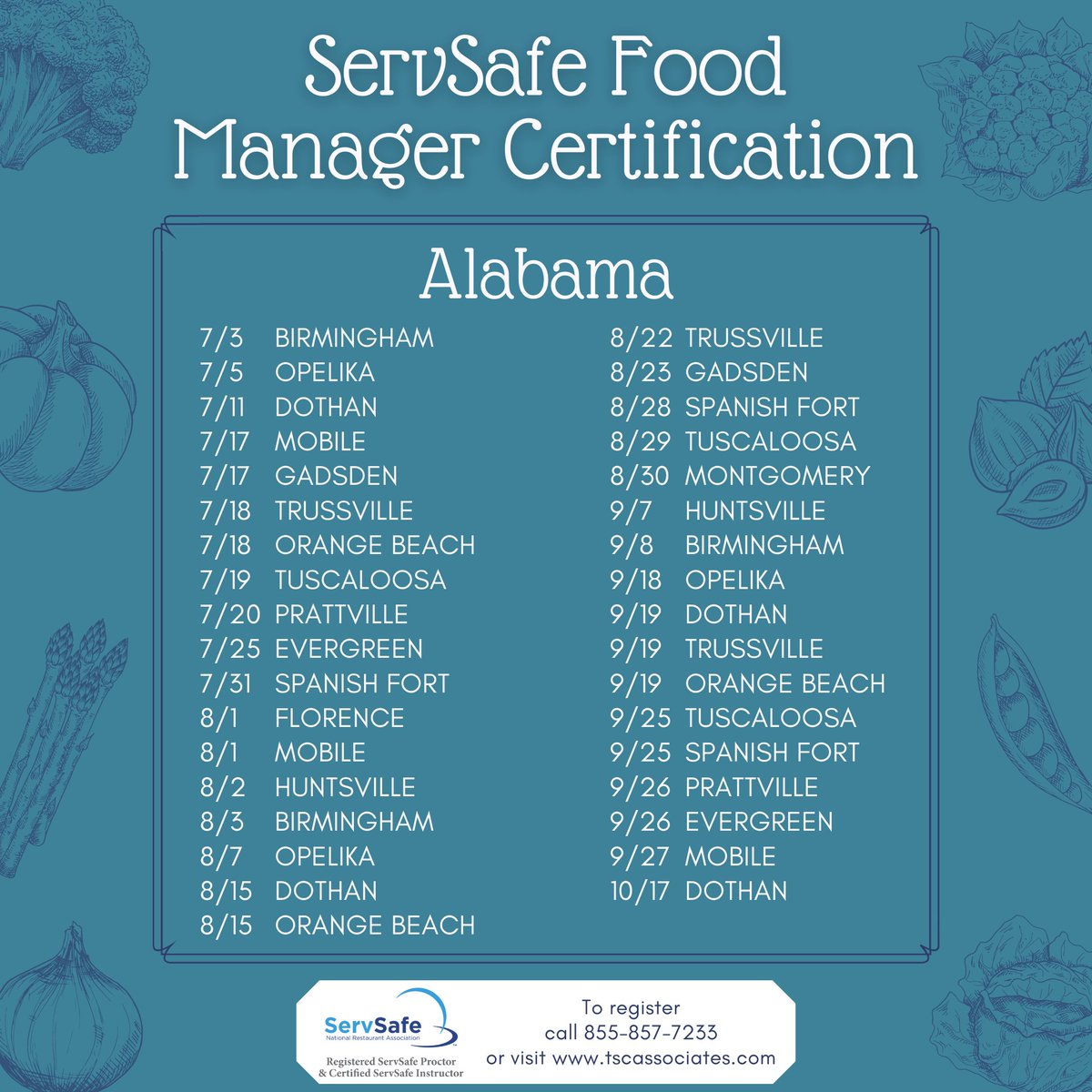 TSCASSOCIATES's tweet photo. New @ServSafe Food Manager classes in Alabama have been posted. Get certified in one day! Call 855-857-7233 or visit https://t.co/UjOgNPpID9 to register!

#tscassociates #servsafe #foodsafety #foodsafetytraining #foodmanager #foorsafetycertification  #arha #servsafecertified https://t.co/k7Pt6ouCKR