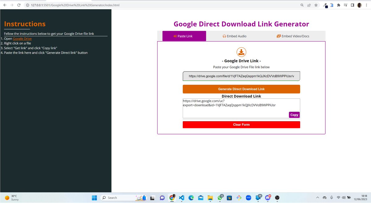 🚀 Excited for Day 11 of #100DaysOfCode! Sharing my app: generates Google Drive downloadable file links for seamless embedding in HTML. Simplify file sharing, enhance professionalism, and provide instant access. Grateful for community support and motivation.