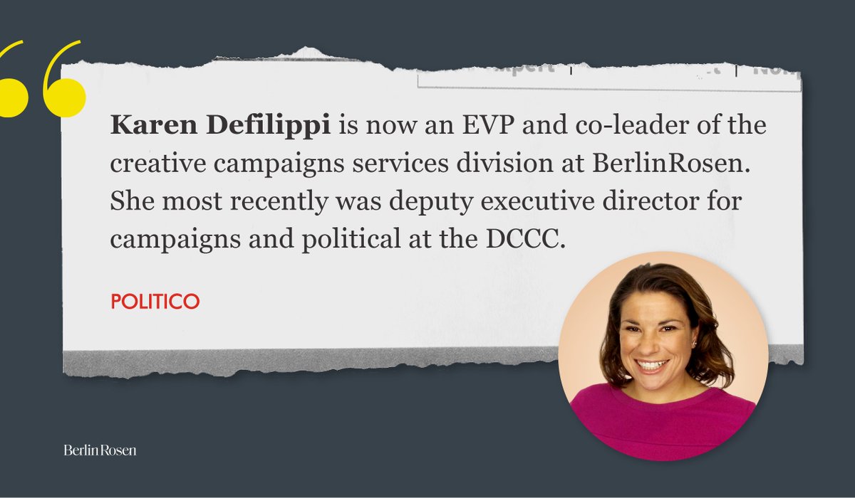 BerlinRosen's tweet photo. Huge news! Join us in welcoming our new EVP &amp; CCS Co-Leader Karen Defilippi.

With 15+ years of experience, she brings top-notch experience and a deep understanding of political communications and how to deliver effective, strategy-first solutions to our clients. https://t.co/fNzGYzC3nG