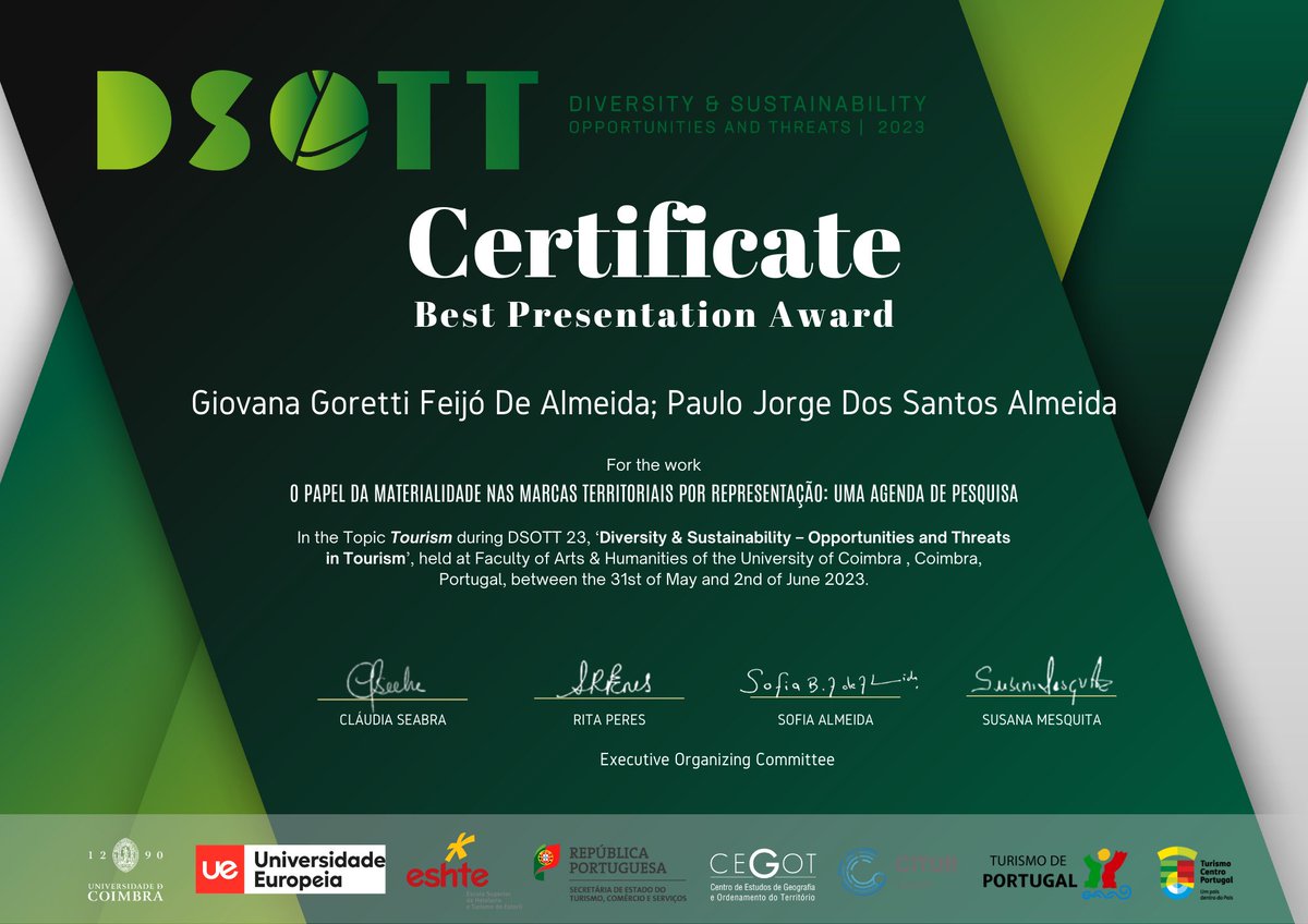 giovana_goretti's tweet photo. Best presentation Award! Immensely happy with the award received for the research that Dr. Paulo Almeida and I did on "materiality in territorial brands by representation". Special thanks to the support of #CITUR Leiria, institution of which we are both members. https://t.co/NNoVTue1gx