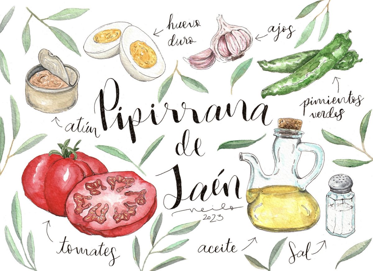 PIPIRRANA DE #JAÉN 

🍅 2 o 3 Tomates del terreno, a poder ser
🥚 2 Huevos cocidos
🫑 1/2 pimiento verde 
🧄 1 ajo 
🐟 1 lata de atún
🫒Aceite 
🧂 Sal 

Te ha gustado esta ilustración? RT para que nuestra #pipirrana llegue a todo el 🌏