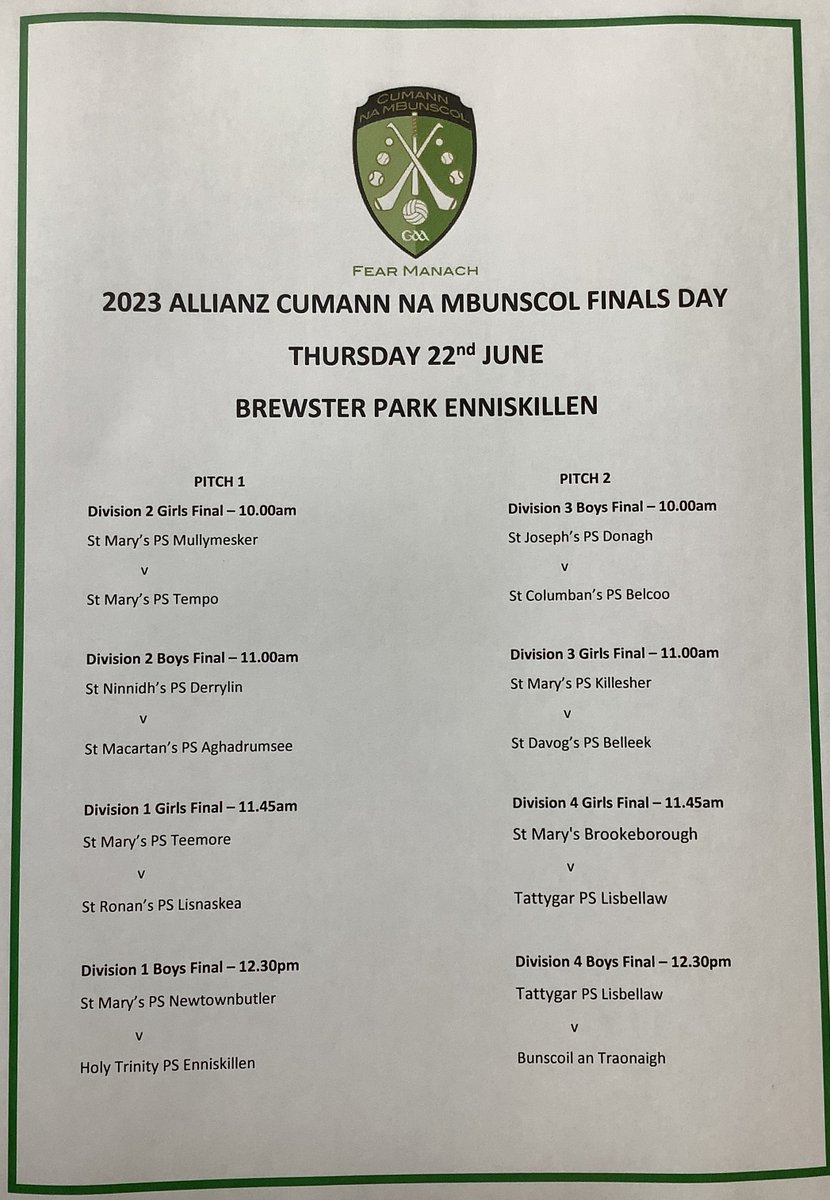 Our 2023 <a href="/AllianzIreland/">Allianz Ireland</a> <a href="/cnambnaisiunta/">Cumann na mBunscol</a> <a href="/fermanaghcnamb/">Fermanagh Cumann na mBunscol</a> Finals Day will take place in <a href="/enniskillengaa/">Enniskillen Gaels</a> Brewster Park on Thursday 22nd June. <a href="/FermanaghGAA/">Fermanagh GAA</a> <a href="/Ferm_Herald/">Fermanagh Herald</a> <a href="/ImpartialSport/">Impartial - Sport</a> <a href="/BelcooGAA/">BelcooGAA</a> @LisnaskeaEmmett <a href="/DerrylinGFC/">Derrylin GFC</a> <a href="/TeemoreGFC/">Teemore Shamrocks GFC</a> <a href="/FirstFermanaghs/">Newtownbutler GAA</a> <a href="/StMacartansGAC/">Aghadrumsee</a>