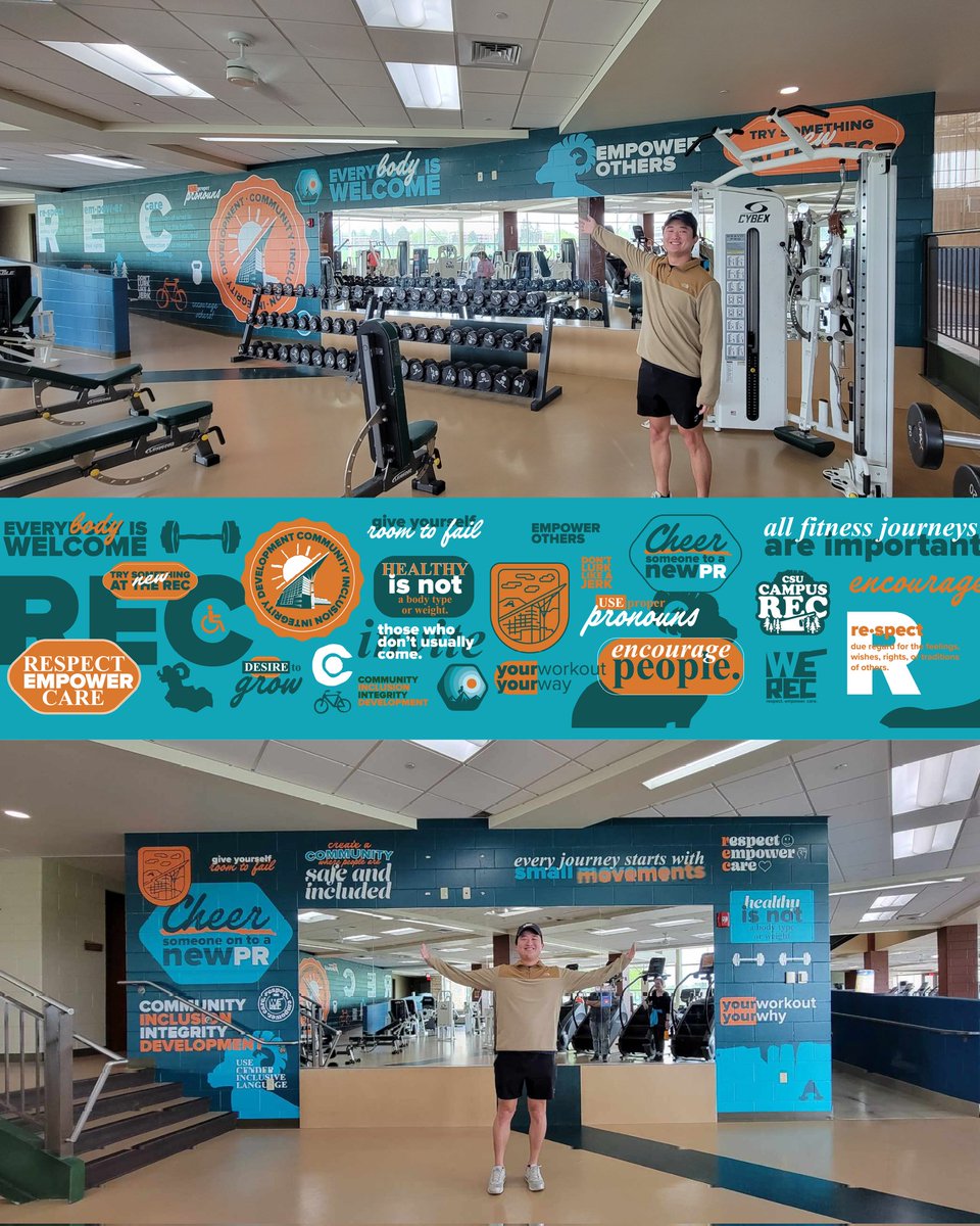 parker_albin's tweet photo. I'm proud to share the new floor 1 wall art at @csurec .
I started working on the #WeRec movement 2 years ago, and the wall took about 4 months to complete.
Impossible without the help of Nick Wasmundt and Nick Eppley.
#graphicdesign #design #envrionmentaldesign https://t.co/v3D4PhtxNn