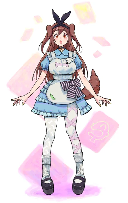 きっとエプロンドレスっぽい衣装に違いない 青系の服だったら絶対可愛いよ! しかしあのシルエット…耳はどうなっているのだろうか…? その謎を解明すべく、我々はアマゾンの奥地へ向かった…! #戌神ころね新衣装予想図 #できたてころね