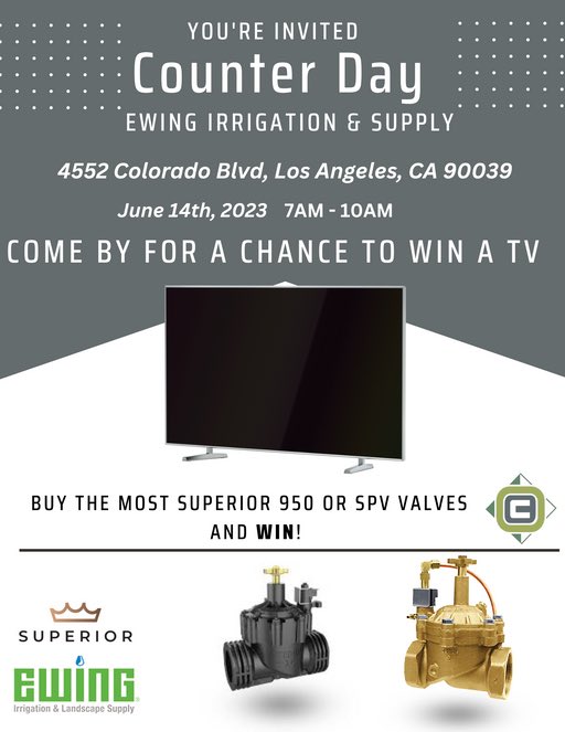 OConnorSalesInc's tweet photo. Join us for a counter day JUNE 14TH at @EwingIrrigation in Glendale, California! See you there!! #ewingirrigation #irrigation #landscape #supplystore #counterday #valves https://t.co/2UKTGP0Mri