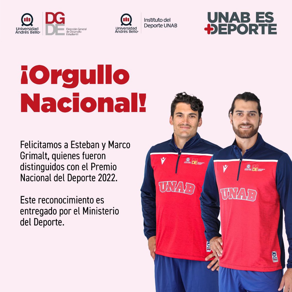 uandresbello's tweet image. Felicitamos a nuestros alumnos Esteban y Marco Grimalt quienes fueron distinguidos con el Premio Nacional del Deporte 2022.

Este importante reconocimiento es entregado por el @MindepChile .

#OrgulloUNAB #UNABesMásDeporte
#UNAB #LaUNABsomosTodosyTodas