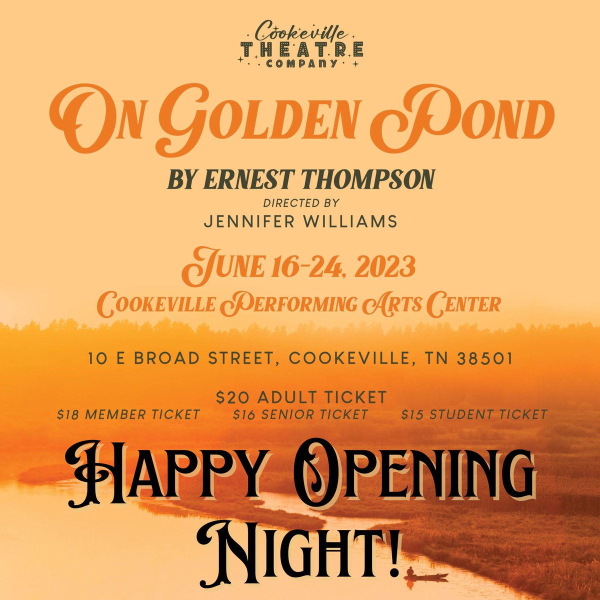 Happy Opening Night to the cast and crew of Cookeville Theatre Company's production of ON GOLDEN POND!

#cpactn #ctc #openingnight #theatre
