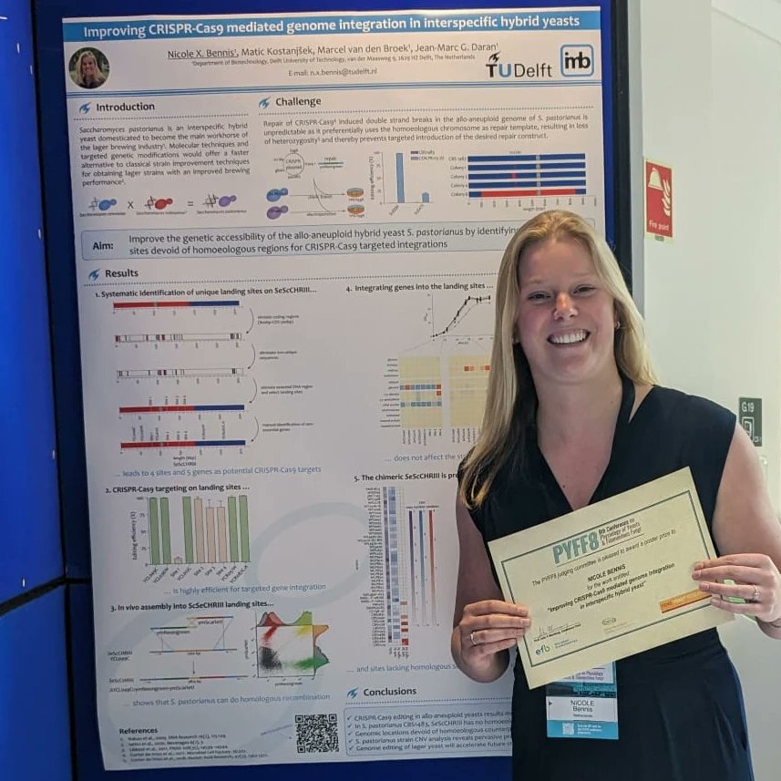 I was awarded the poster prize during the conference #PYFF8 in Cork, Ireland! Here, I presented the work we <a href="/jgdaran1/">J.M. Daran</a> @mantonius6 @MaticKostanjsek did on improving the genome editing of hybrid yeasts with CRISPR-Cas9. Found out more: doi.org/10.1016/j.nbt.…