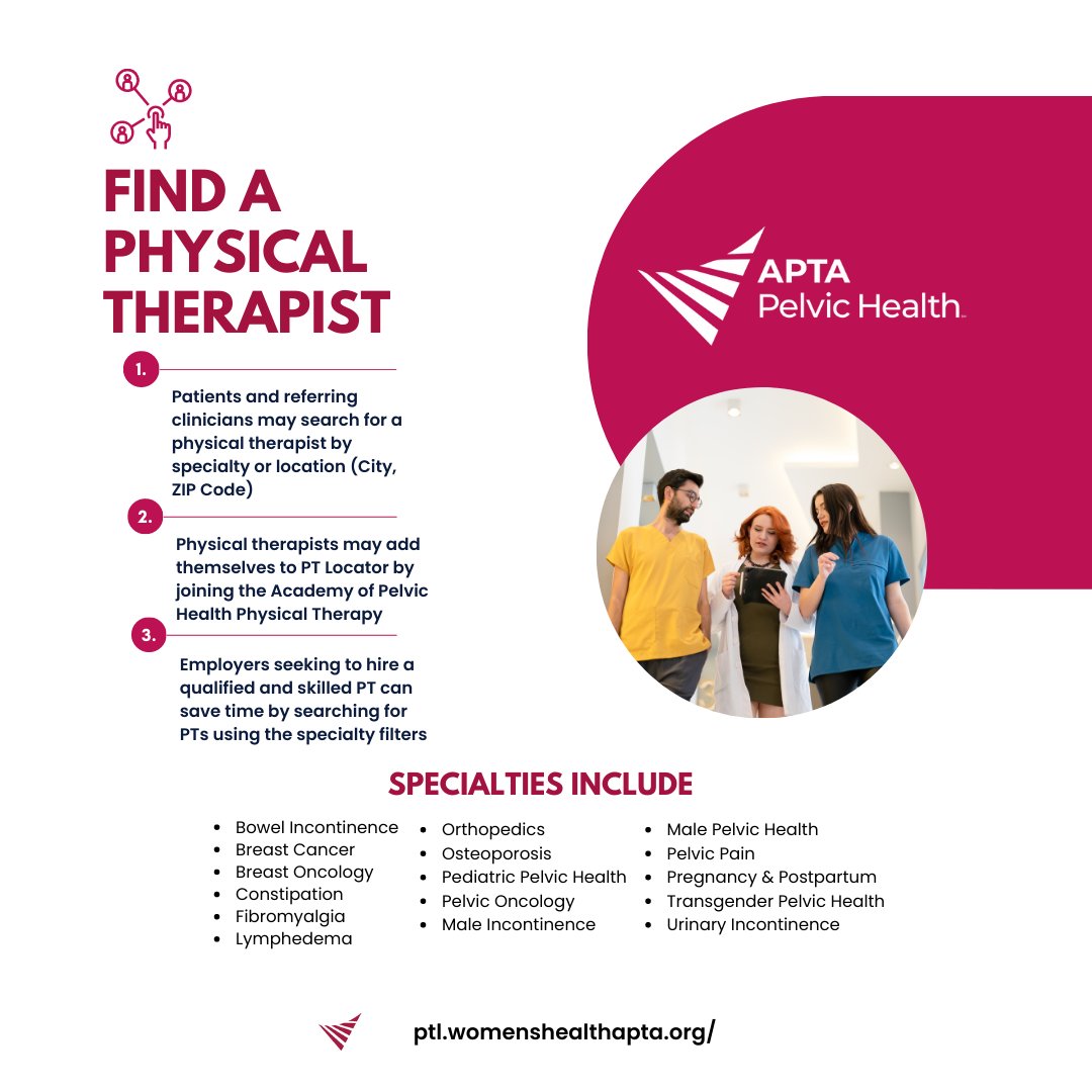 aptapelvic's tweet image. Discover pelvic health treatment options in your area with the #APTAPelvicHealth PT Locator. Whether you are a patient seeking specialty care or a seasoned PT needing to promote your clinic, the Academy&apos;s got you covered. Visit loom.ly/zMILmXM to get started!