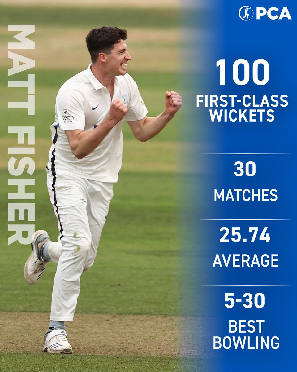 PCA's tweet photo. 💯 A brilliant @CountyChamp milestone to celebrate for @9M_Fisher! 

👍 Well bowled, Matt! 

#LVCountyChamp https://t.co/WhPPI1Cdwg