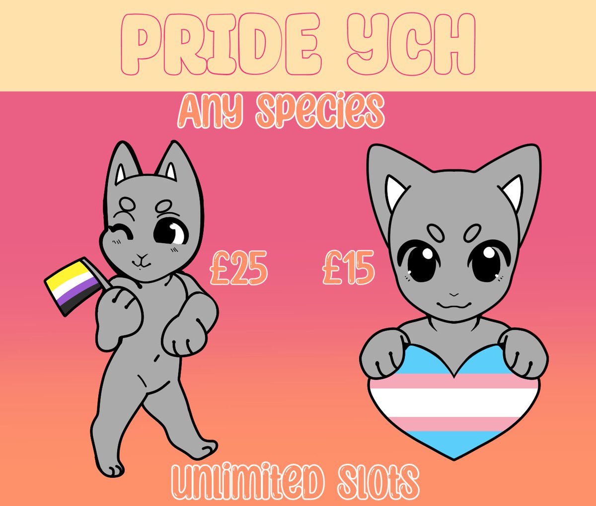 Pride YCH! 

Both are open for unlimited slots! 
Any species, humanoids also welcome! Feel free to reply or DM me (If twitt hasn't k worded that yet)