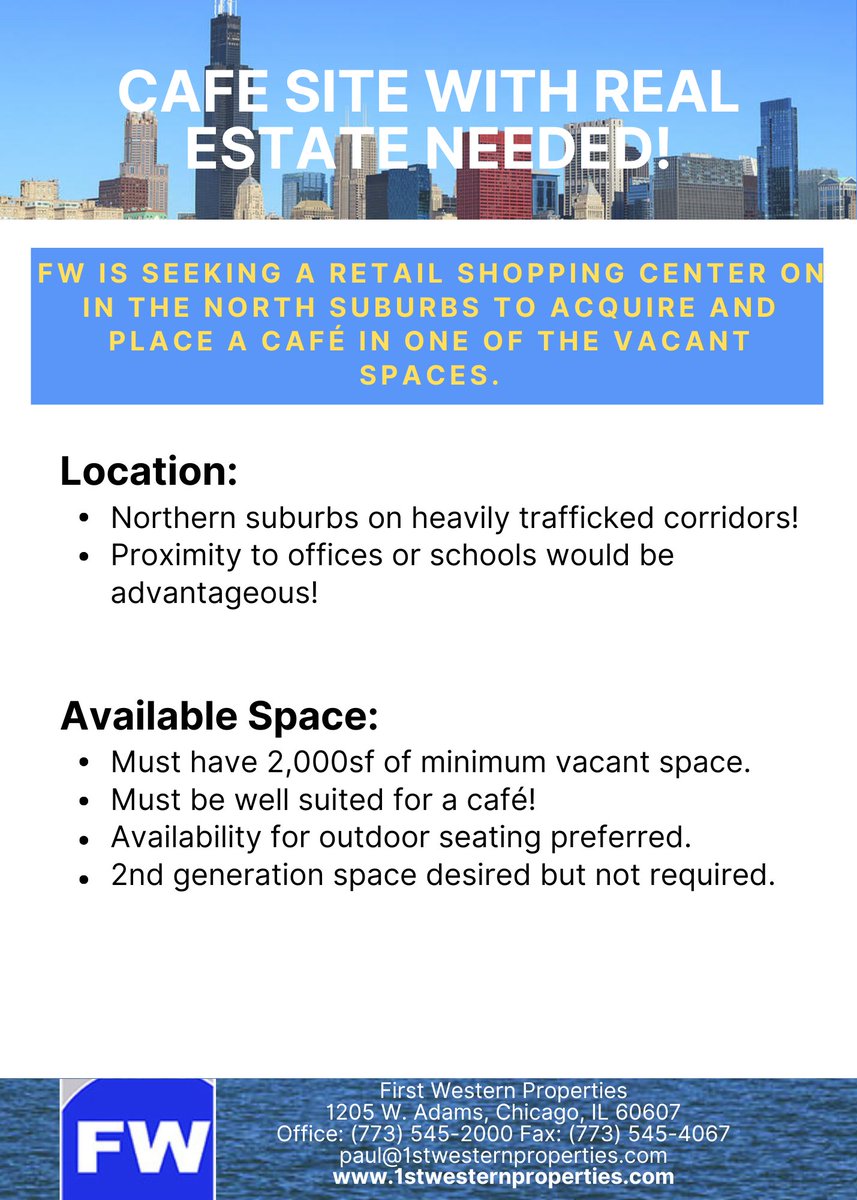 1stwesternprop's tweet photo. Cafe Site With Real Estate Needed! https://t.co/unnPFMEy4j