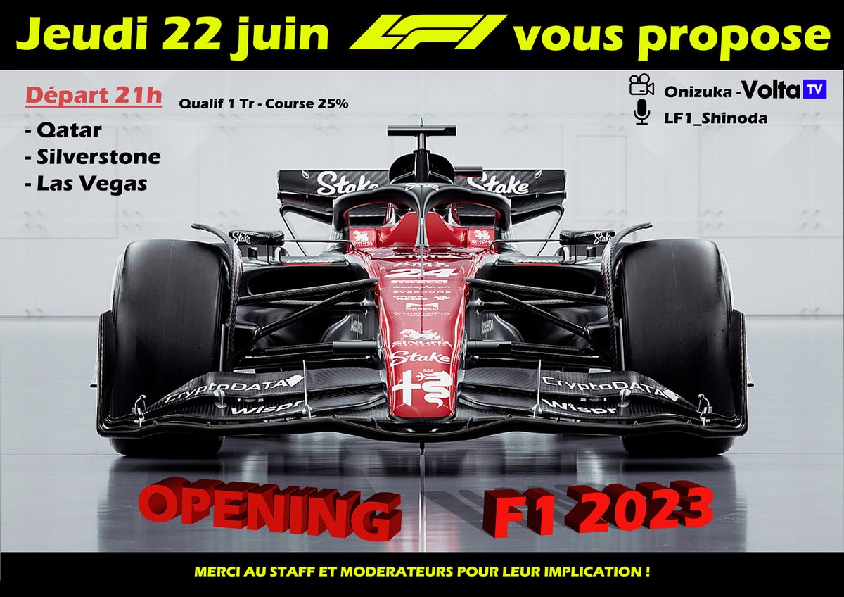 🔥 Evènement #VoltaTV 🔥

📅 Jeu. 22 juin
⏰ 20:30
🏆 Opening F1 23 by #LF1
🎮 #F123
🏁 3 courses de 25% / #QatarGP 🇶🇦 - #BritishGP 🇬🇧 - #LasVegasGP 🇺🇸
🎙️ @OnizukaOfficiel & Shinoda

📺 Pour suivre cette soirée en live ⬇️
🟪 twitch.tv/voltatvfrance
🟩 kick.com/voltatvfrance