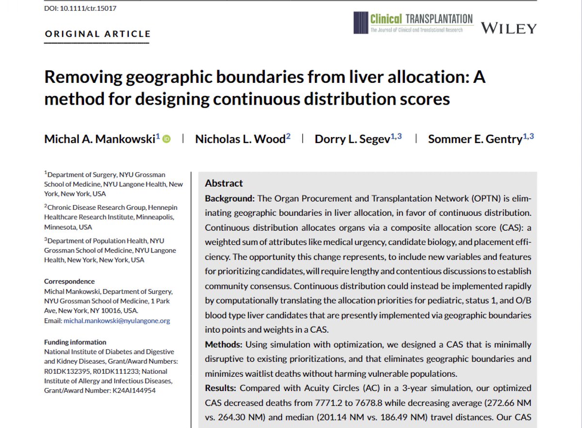 Center for Surgical & Transplant Applied Research (@nyugsom_cstar) on Twitter photo Dr. <a href="/MichalMankowski/">Michał Mańkowski</a> et al used simulation w/ optimization to design a Composite Allocation Score (CAS) for continuous distribution of livers. CAS reduced waitlist deaths by sending livers nearby for low-MELD candidates and farther for high-MELD/status 1. doi.org/10.1111/ctr.15… Dr. <a href="/MichalMankowski/">Michał Mańkowski</a> et al used simulation w/ optimization to design a Composite Allocation Score (CAS) for continuous distribution of livers. CAS reduced waitlist deaths by sending livers nearby for low-MELD candidates and farther for high-MELD/status 1. doi.org/10.1111/ctr.15…