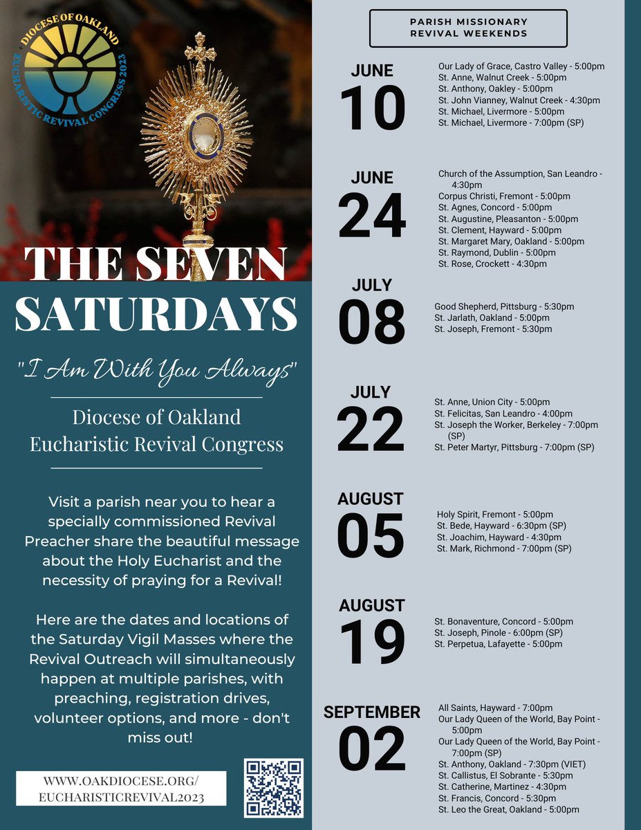 Visit a parish near you on one of the #SevenSaturdays for a #ParishMinistryRevivalWeekend! oakdiocese.org/derc-parish-re… #EucharisticRevival #OAKCatholics