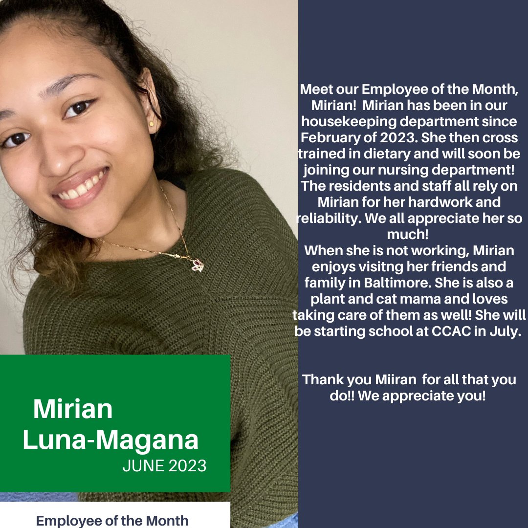 Congrats to Mirian on being June's #employeeofthemonth at Mountain View Senior Living! So grateful to our staff every day!  #seniorliving #staffappreciation mountainviewsenior.com