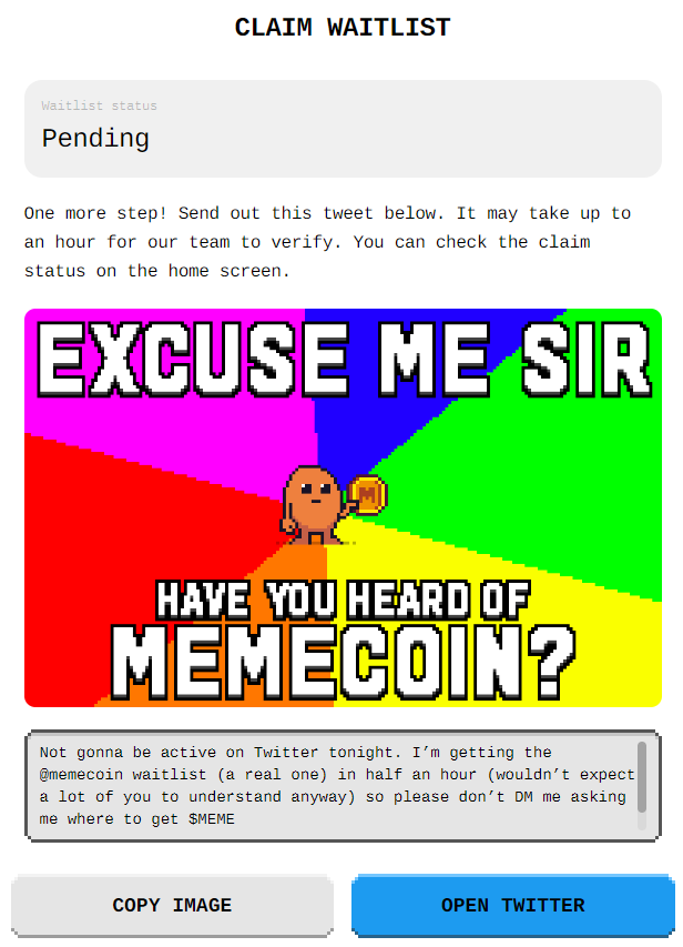 kiraru_eth's tweet photo. Not gonna be active on Twitter tonight. I’m getting the @memecoin waitlist (a real one) in half an hour (wouldn’t expect a lot of you to understand anyway) so please don’t DM me asking me where to get $MEME
#8601e3ec #MEMEWL https://t.co/IXXlbzOHMq
