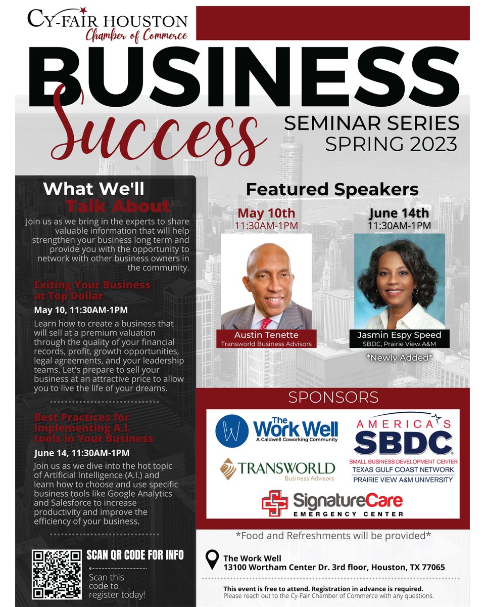 WorkWellHouston's tweet photo. Our final Cy-Fair Chamber of Commerce Business Success Seminar is happening Wednesday from 11:30a-1p here at The Work Well! Jasmin Espy Speed will be talking about the hottest topic in business right now, AI! This is a FREE event. Register at this link:  https://t.co/LltT6Xklim https://t.co/8VofNGzMj6