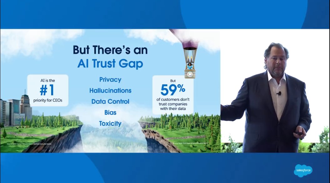 SHurrellISG's tweet photo. Watching @Salesforce @Benioff #SalesforceAI - trust is the basis for efficient markets. Wish this was used as the reason for why #generativeAI can help this market efficiency by better matching buyer/sellers but only if both sides trust the info. https://t.co/Uh5qfb4v7m