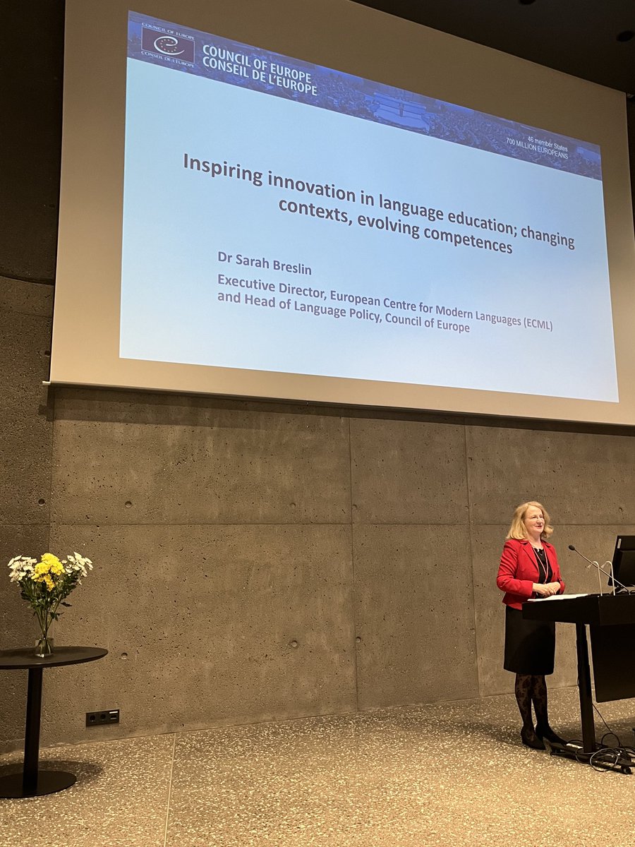 FIPLV's tweet photo. Day 2 keynote by the brilliant Director of @CoE_Education #ECML & Head of Language Policy @coe at our #FIPLV #NBR conference in #Reykjavik #FutureLanguages2023. Thank you! Learners & their #plurilingualism at the heart of learning. #inclusion #inspirational https://t.co/4iHRusvgMN