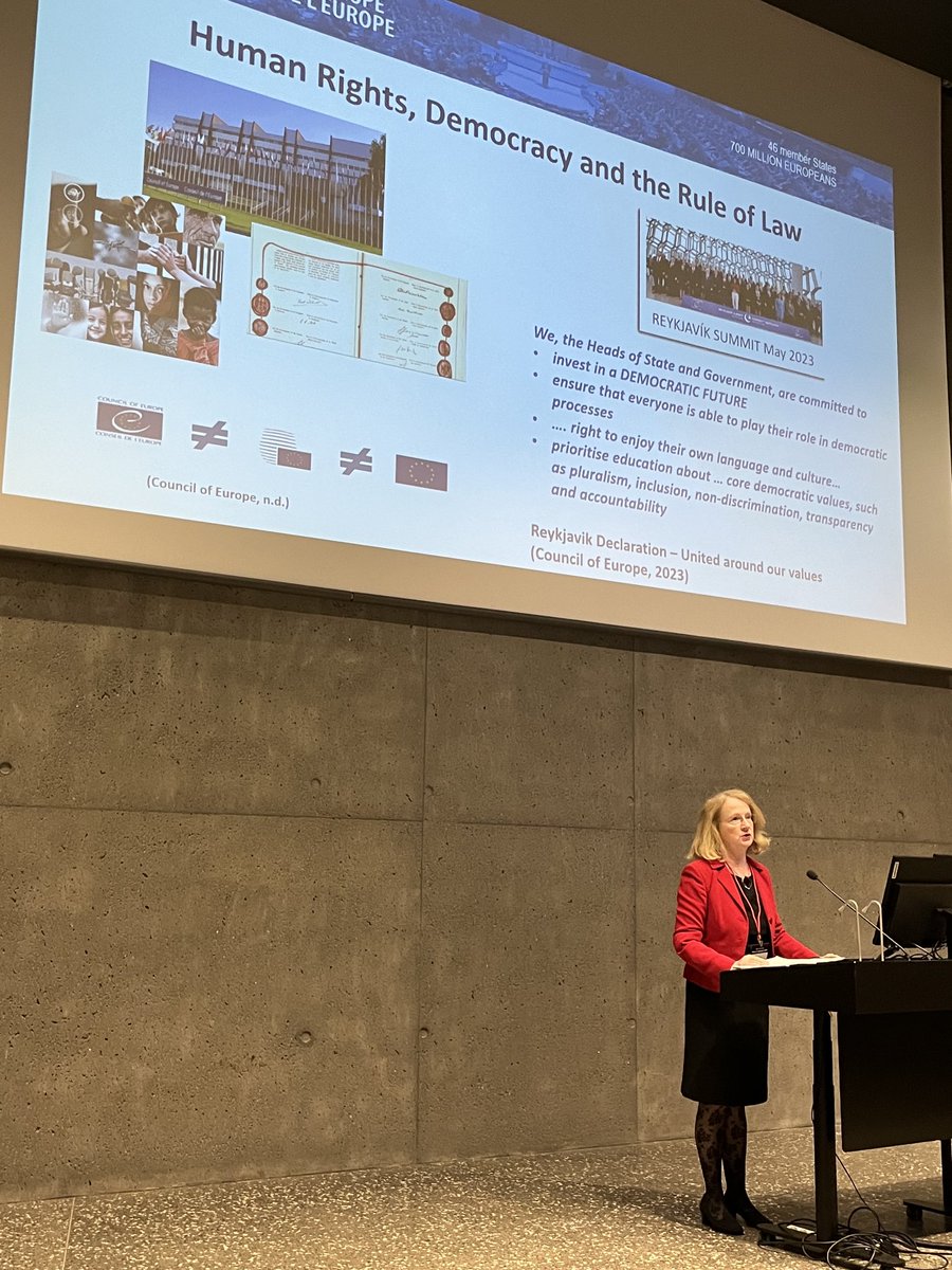 FIPLV's tweet photo. Day 2 keynote by the brilliant Director of @CoE_Education #ECML & Head of Language Policy @coe at our #FIPLV #NBR conference in #Reykjavik #FutureLanguages2023. Thank you! Learners & their #plurilingualism at the heart of learning. #inclusion #inspirational https://t.co/4iHRusvgMN