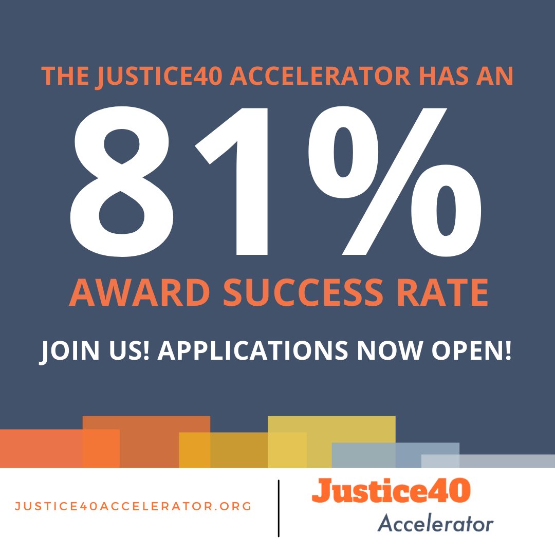 Since 2021, nearly $30M in public funding has been awarded to
organizations in the #Justice40Accelerator. With an 81% award success rate,
the community of practice we've built will help your grassroots org fund its
#ClimateJustice work. Apply now. ▶️ Justice40Accelerator.org