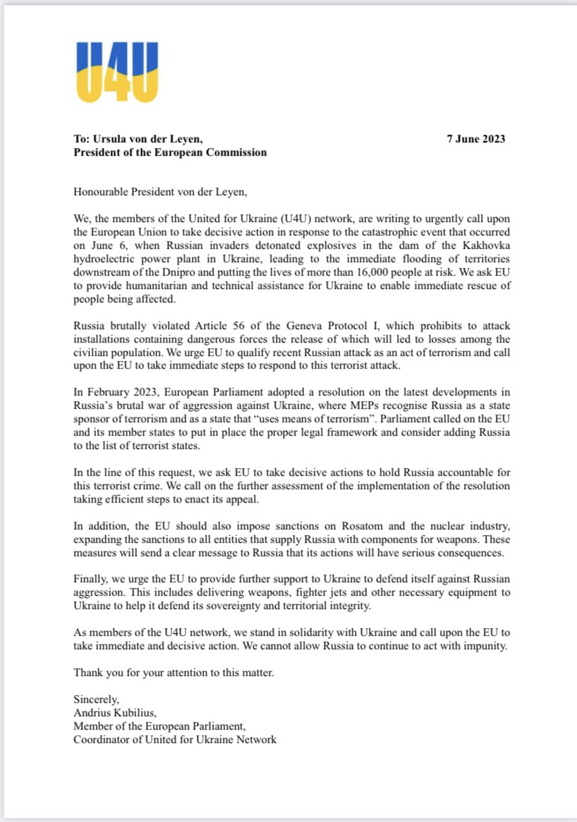 KubiliusA's tweet photo. #KakhovkaDam and HPP was attacked by terrorist state Russia. @UnitedU4u network members addressed President @vonderleyen calling to implement the European Parliament resolution on recognising Russia as state sponsor of terrorism and put it on the EU list of #terrorist states. https://t.co/sHOCwIfF06